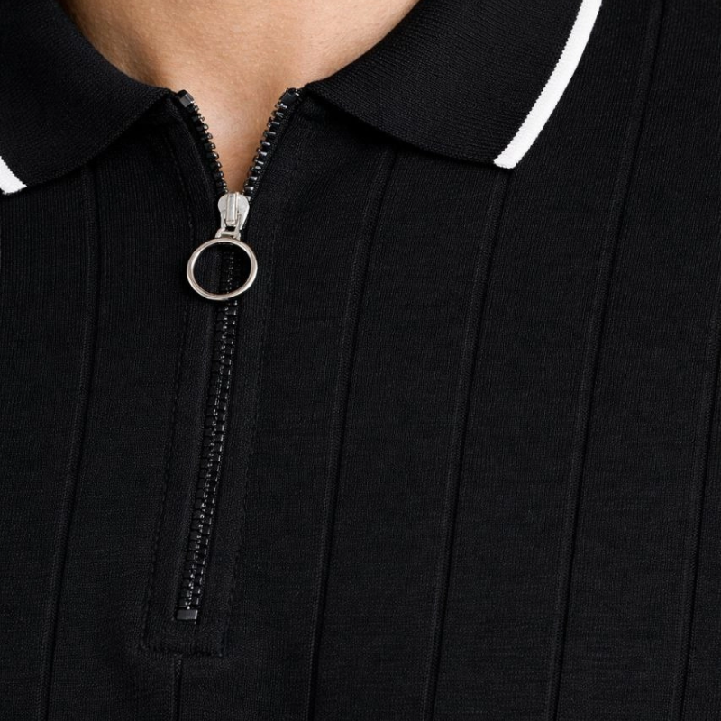 Erkek Triko Tişört Fermuarlı Polo Yaka Yazlık Kısa Kol T-Shirt 2’li Set Haki-Siyah