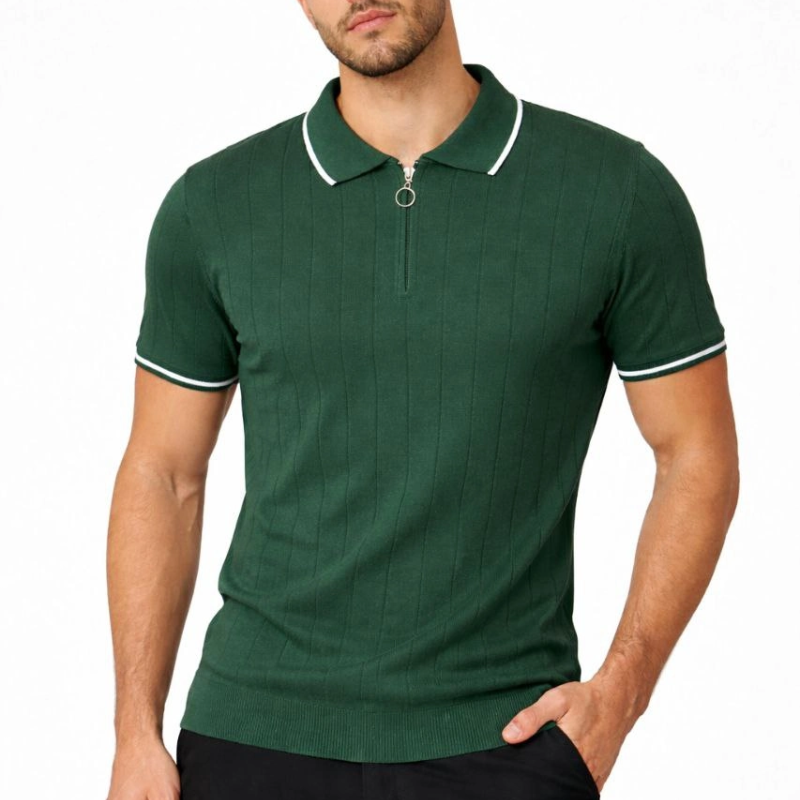 Erkek Triko Tişört Fermuarlı Polo Yaka Yazlık Kısa Kol T-Shirt 2’li Set Haki-Siyah