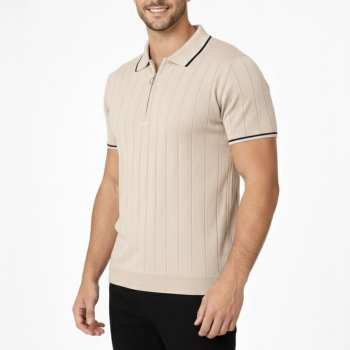 Erkek Triko Tişört Fermuarlı Polo Yakal Yazlık Kısa Kol T-Shirt 2’li Set Bej-Siyah