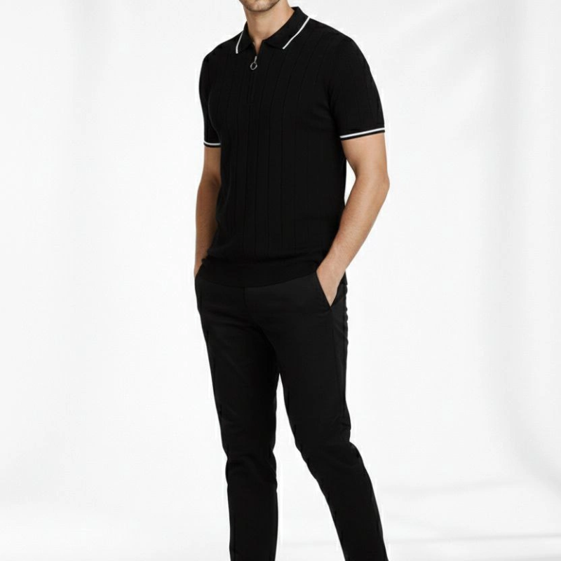 Erkek Triko Tişört Fermuarlı Polo Yakal Yazlık Kısa Kol T-Shirt 2’li Set Bej-Siyah