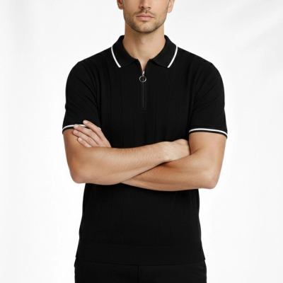 Erkek Triko Tişört Fermuarlı Polo Yakal Yazlık Kısa Kol T-Shirt 2’li Set Bej-Siyah