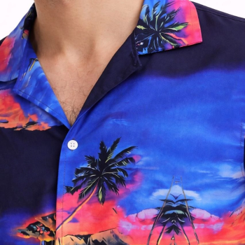 Erkek Tropikal Ada Manzara Desenli Kısa Kol Gömlek Hawaii Tarz Yazlık Rahat Kalıp - Desenli