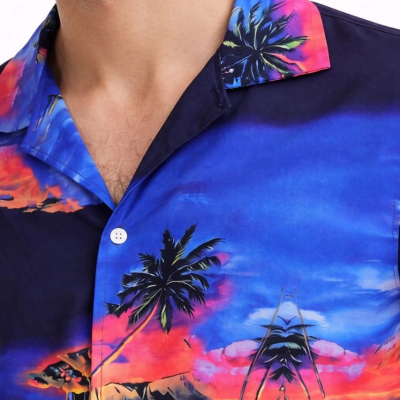 Erkek Tropikal Ada Manzara Desenli Kısa Kol Gömlek Hawaii Tarz Yazlık Rahat Kalıp - Desenli
