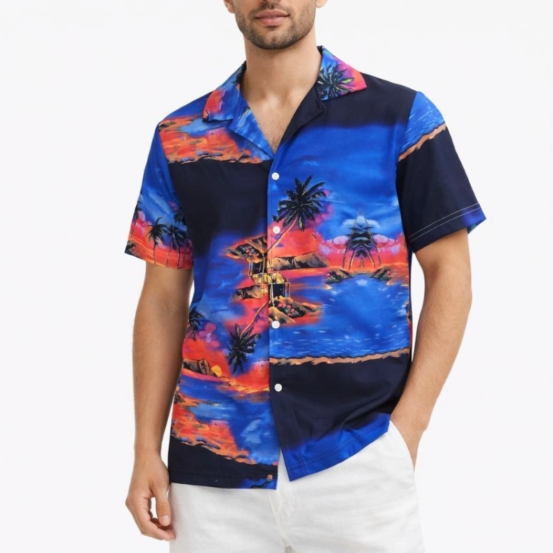 Erkek Tropikal Ada Manzara Desenli Kısa Kol Gömlek Hawaii Tarz Yazlık Rahat Kalıp - Desenli