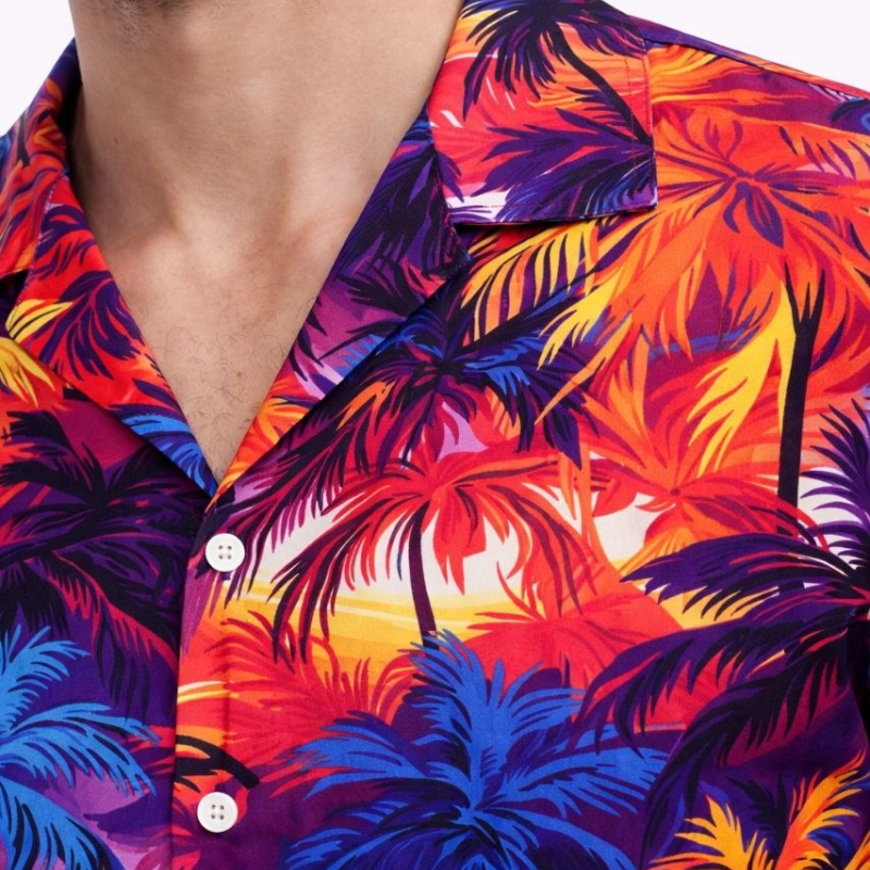 Erkek Tropikal Desenli Kısa Kol Gömlek Rahat Kalıp Yazlık Hawaii Tarz - Desenli