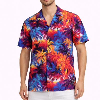 Erkek Tropikal Desenli Kısa Kol Gömlek Rahat Kalıp Yazlık Hawaii Tarz - Desenli