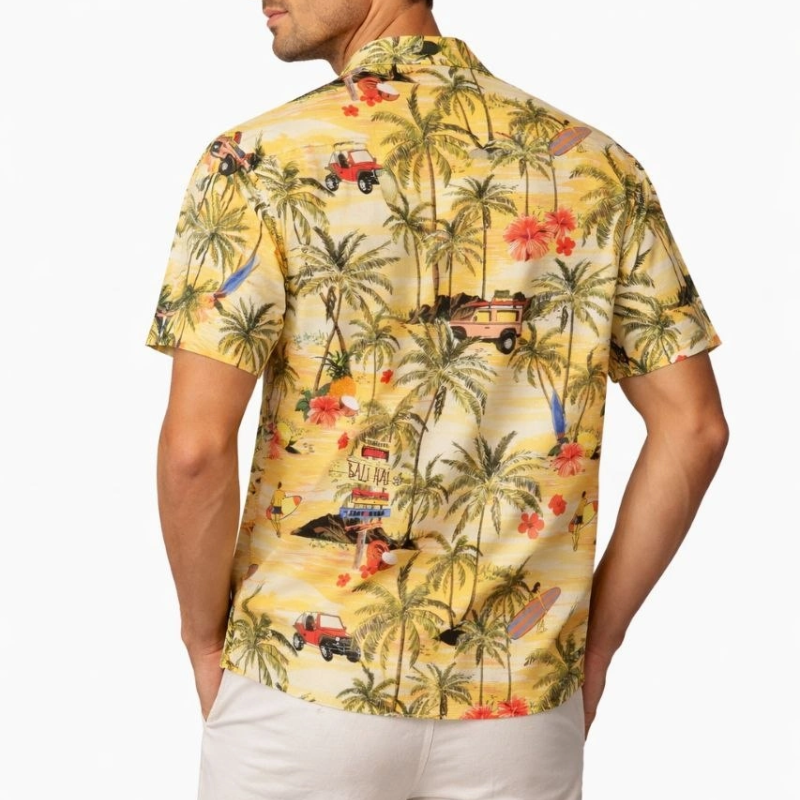 Erkek Tropikal Palmiye Desenli Kısa Kol Gömlek Hawaii Tarz Yazlık Rahat Kalıp - Desenli