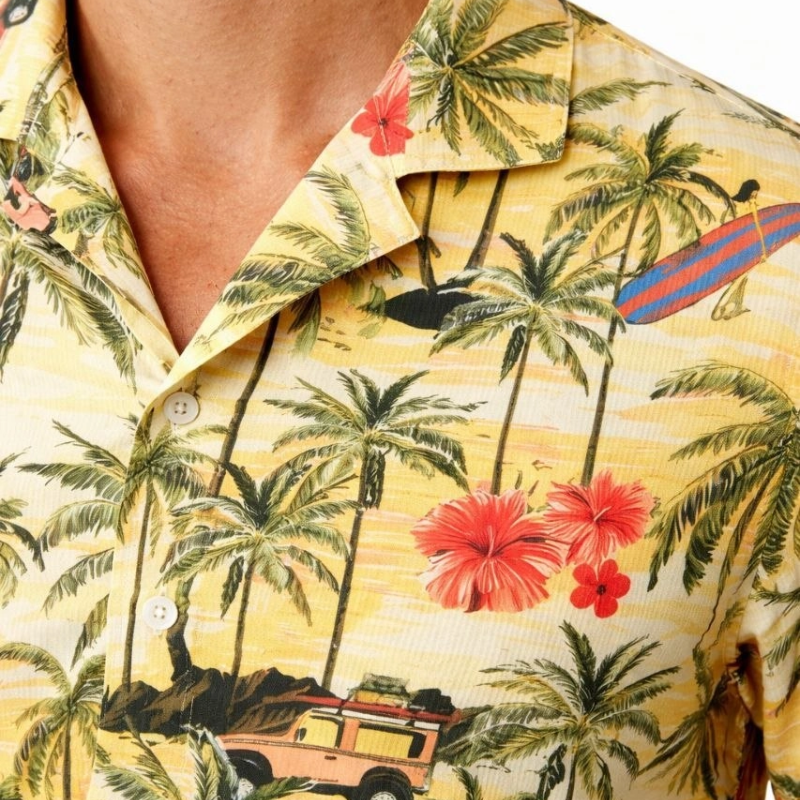 Erkek Tropikal Palmiye Desenli Kısa Kol Gömlek Hawaii Tarz Yazlık Rahat Kalıp - Desenli