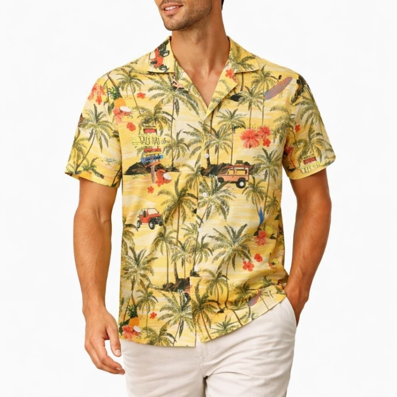 Erkek Tropikal Palmiye Desenli Kısa Kol Gömlek Hawaii Tarz Yazlık Rahat Kalıp - Desenli
