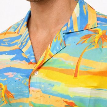 Erkek Tropikal Palmiye Desenli Kısa Kol Gömlek Yazlık Beach Tarz Rahat Kalıp - Desenli