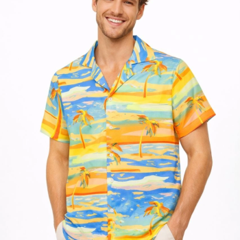 Erkek Tropikal Palmiye Desenli Kısa Kol Gömlek Yazlık Beach Tarz Rahat Kalıp - Desenli