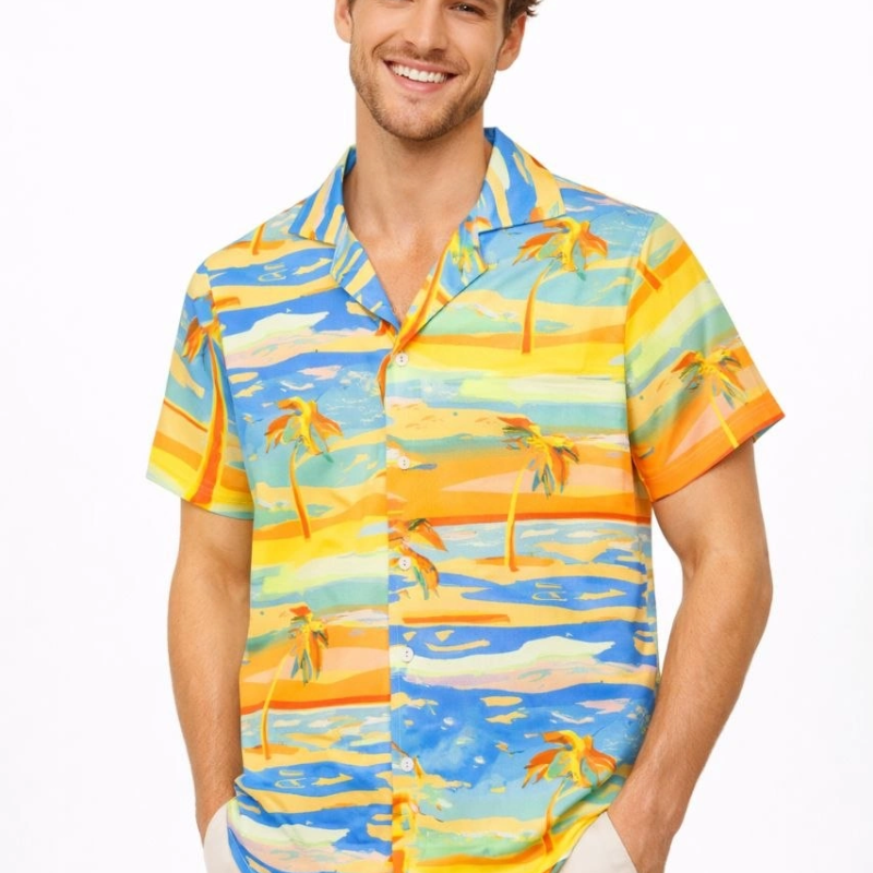 Erkek Tropikal Palmiye Desenli Kısa Kol Gömlek Yazlık Beach Tarz Rahat Kalıp - Desenli