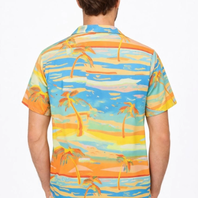 Erkek Tropikal Palmiye Desenli Kısa Kol Gömlek Yazlık Beach Tarz Rahat Kalıp - Desenli
