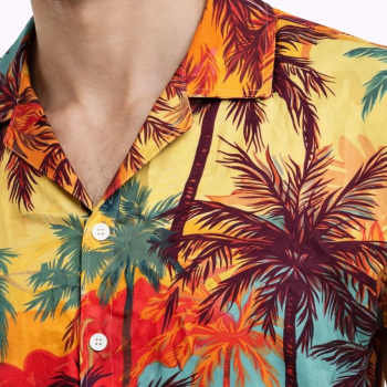 Erkek Tropikal Palmiye Desenli Kısa Kol Gömlek Yazlık Rahat Kalıp Dijital Baskılı - Desenli