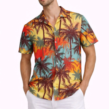 Erkek Tropikal Palmiye Desenli Kısa Kol Gömlek Yazlık Rahat Kalıp Dijital Baskılı - Desenli