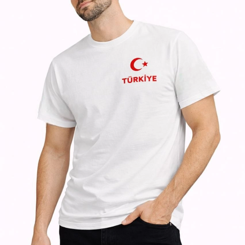 Erkek TÜRKİYE Ay Yıldız Baskılı Taraftar Forma T-Shirt - Beyaz