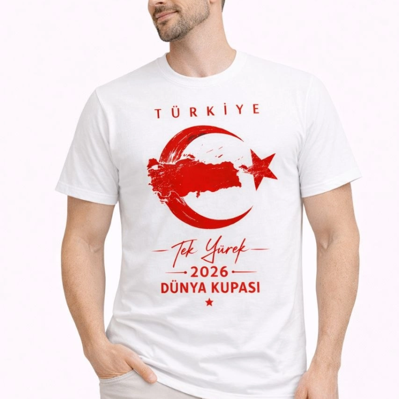 Erkek TÜRKİYE Ay Yıldız Baskılı Taraftar Forma T-Shirt - Beyaz