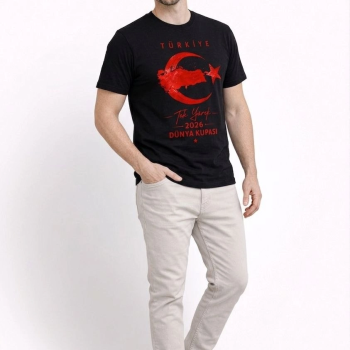 Erkek TÜRKİYE Ay Yıldız Baskılı Taraftar Forma T-Shirt - Siyah
