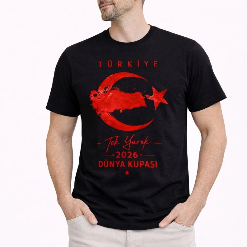Erkek TÜRKİYE Ay Yıldız Baskılı Taraftar Forma T-Shirt - Siyah