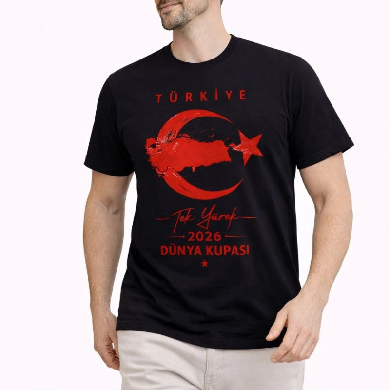 Erkek TÜRKİYE Ay Yıldız Baskılı Taraftar Forma T-Shirt - Siyah