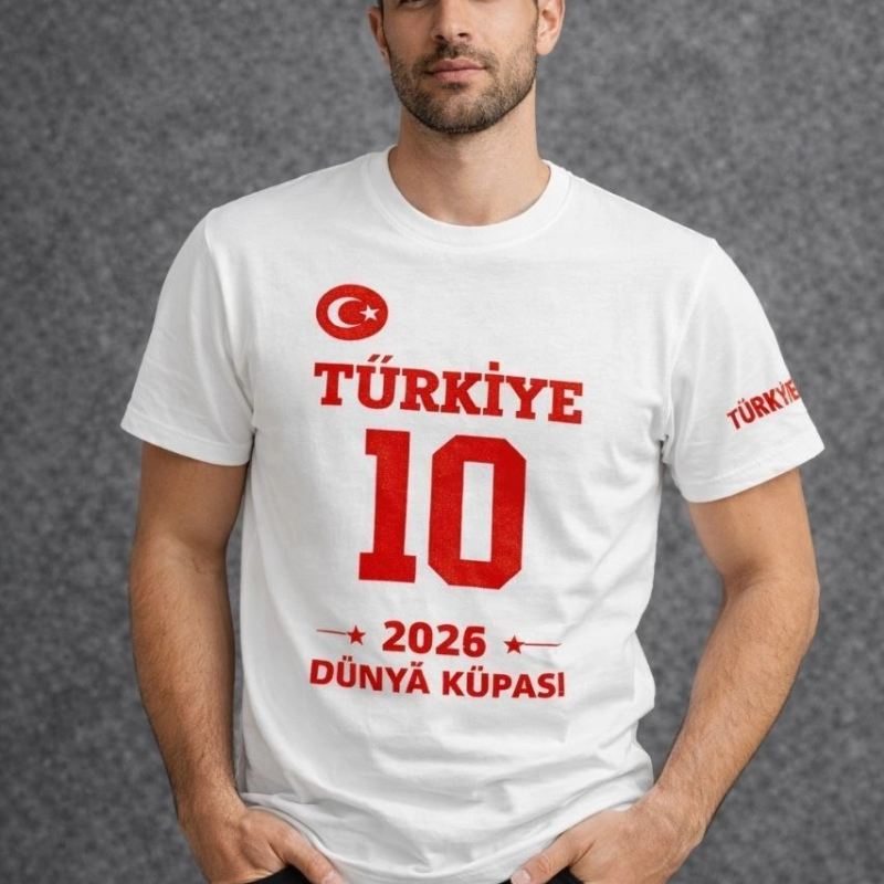Erkek TÜRKİYE Baskılı Tişört 2026 Dünya Kupası Taraftar Forma T-Shirt - Beyaz