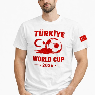 Erkek Türkiye World Cup 2026 Baskılı Tişört Futbol Temalı Forma T-Shirt - Beyaz