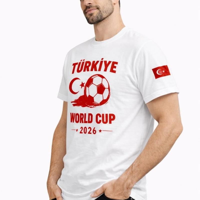 Erkek Türkiye World Cup 2026 Baskılı Tişört Futbol Temalı Forma T-Shirt - Beyaz