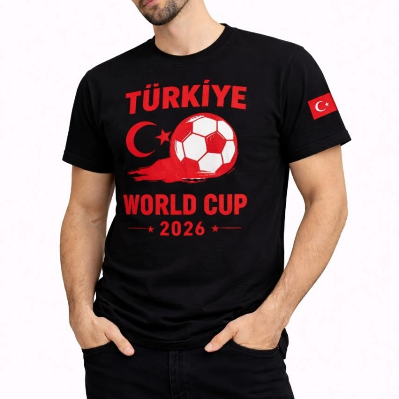 Erkek Türkiye World Cup 2026 Baskılı Tişört Futbol Temalı Forma T-Shirt - Siyah