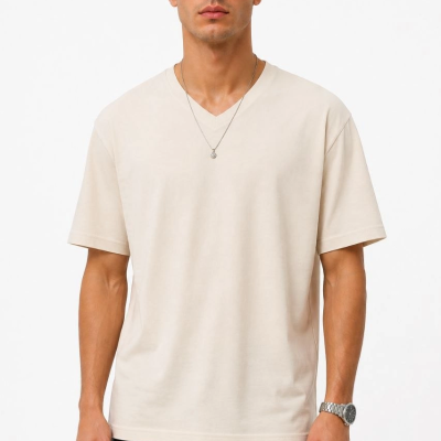 Erkek V Yaka Basic Tişört Kısa Kol Yazlık Regular Fit T-Shirt - Bej