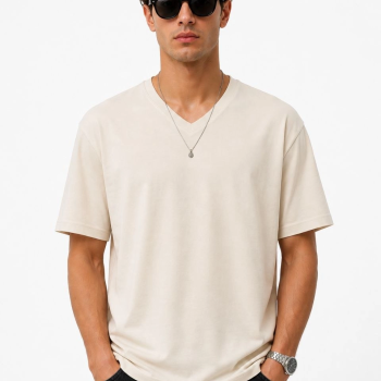Erkek V Yaka Basic Tişört Kısa Kol Yazlık Regular Fit T-Shirt - Bej