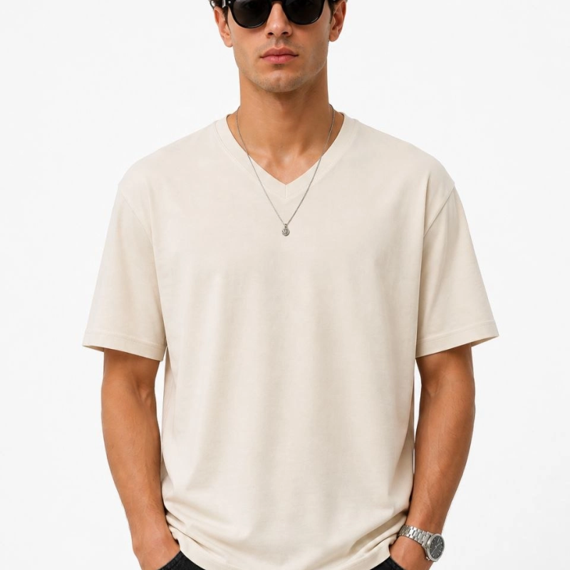 Erkek V Yaka Basic Tişört Kısa Kol Yazlık Regular Fit T-Shirt - Bej