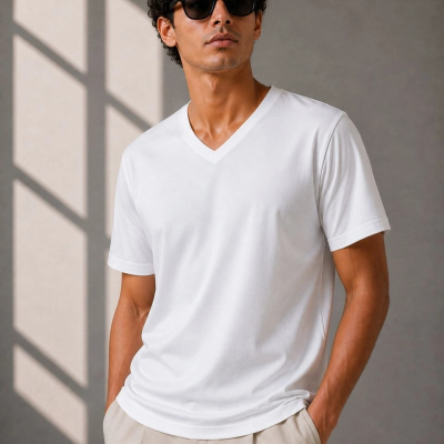 Erkek V Yaka Basic Tişört Kısa Kol Yazlık Regular Fit T-Shirt - Beyaz