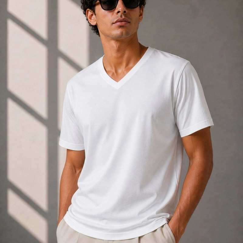 Erkek V Yaka Basic Tişört Kısa Kol Yazlık Regular Fit T-Shirt - Beyaz
