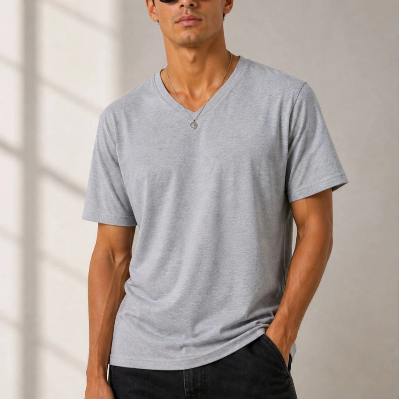 Erkek V Yaka Basic Tişört Kısa Kol Yazlık Regular Fit T-Shirt - Gri