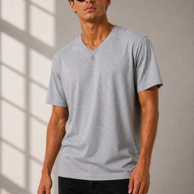 Erkek V Yaka Basic Tişört Kısa Kol Yazlık Regular Fit T-Shirt - Gri