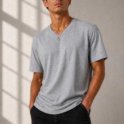 Erkek V Yaka Basic Tişört Kısa Kol Yazlık Regular Fit T-Shirt - Gri