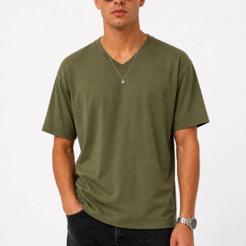 Erkek V Yaka Basic Tişört Kısa Kol Yazlık Regular Fit T-Shirt - Haki