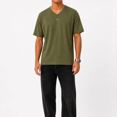 Erkek V Yaka Basic Tişört Kısa Kol Yazlık Regular Fit T-Shirt - Haki