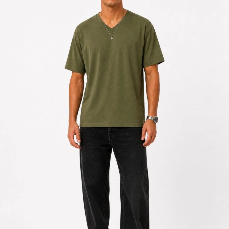 Erkek V Yaka Basic Tişört Kısa Kol Yazlık Regular Fit T-Shirt - Haki