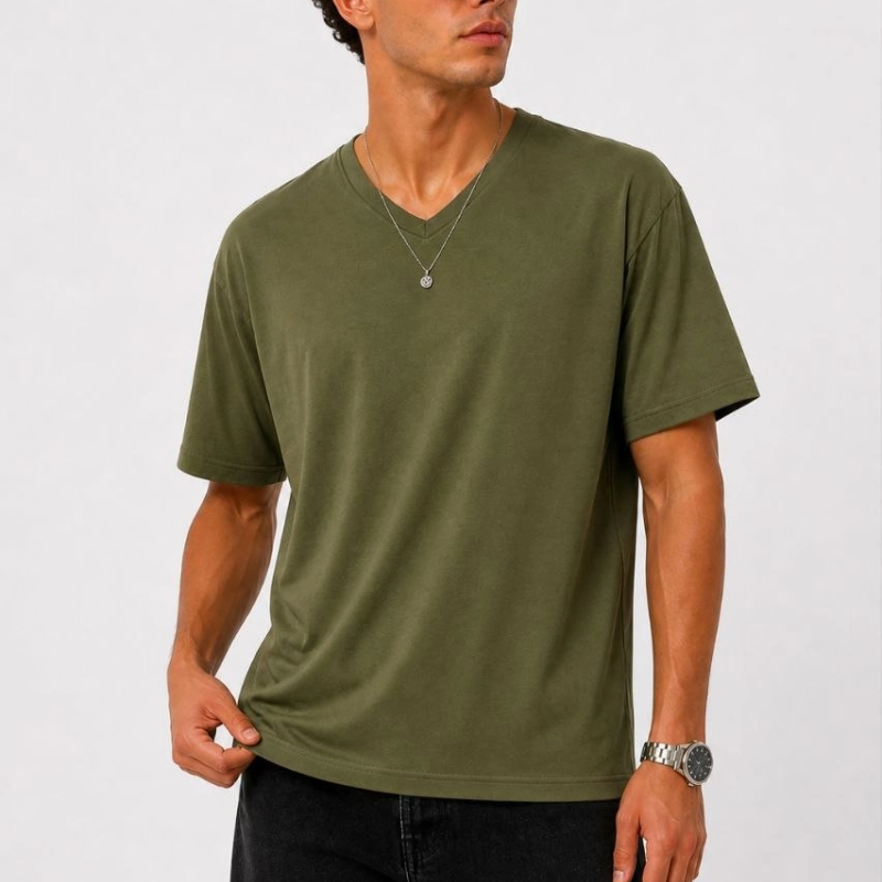 Erkek V Yaka Basic Tişört Kısa Kol Yazlık Regular Fit T-Shirt - Haki