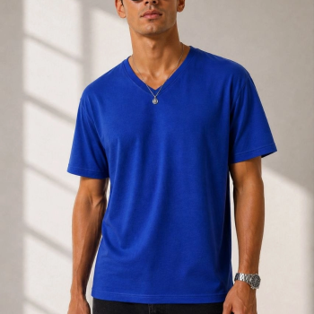 Erkek V Yaka Basic Tişört Kısa Kol Yazlık Regular Fit T-Shirt - Saks Mavisi