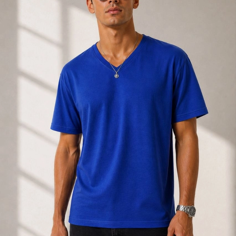 Erkek V Yaka Basic Tişört Kısa Kol Yazlık Regular Fit T-Shirt - Saks Mavisi