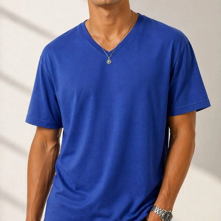 Erkek V Yaka Basic Tişört Kısa Kol Yazlık Regular Fit T-Shirt - Saks Mavisi