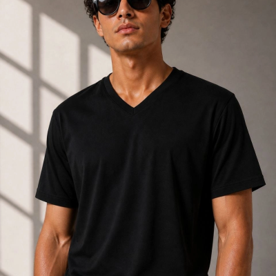 Erkek V Yaka Basic Tişört Kısa Kol Yazlık Regular Fit T-Shirt - Siyah