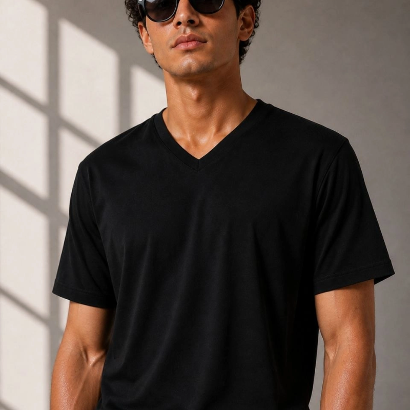 Erkek V Yaka Basic Tişört Kısa Kol Yazlık Regular Fit T-Shirt - Siyah