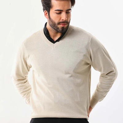 Erkek V Yaka Kazak Uzun Kol Düz Dokuma Triko - Krem