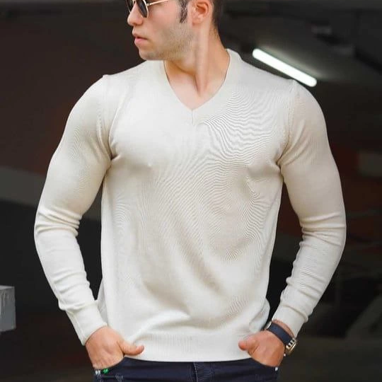 Erkek V Yaka Kazak Uzun Kol Düz Dokuma Triko - Krem
