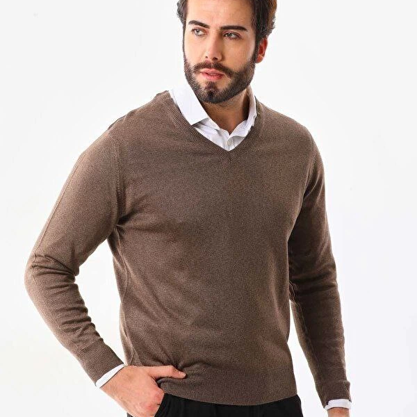Erkek V Yaka Kazak Uzun Kol Düz Dokuma Triko - Vizon
