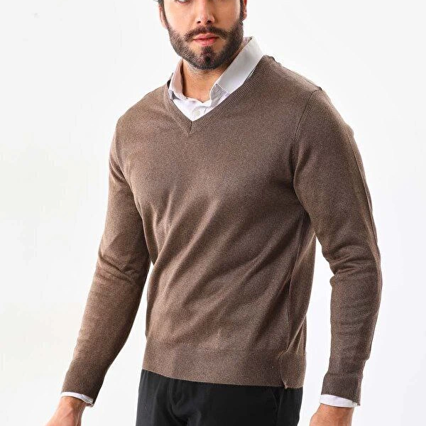 Erkek V Yaka Kazak Uzun Kol Düz Dokuma Triko - Vizon
