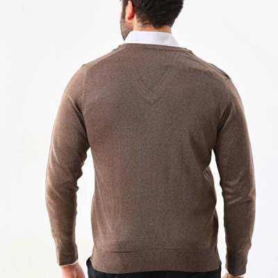 Erkek V Yaka Kazak Uzun Kol Düz Dokuma Triko - Vizon